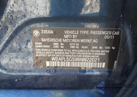 2011 BMW 335I xDrive z USA, uszkodzony, nr VIN WBAPL5G59BNN22021